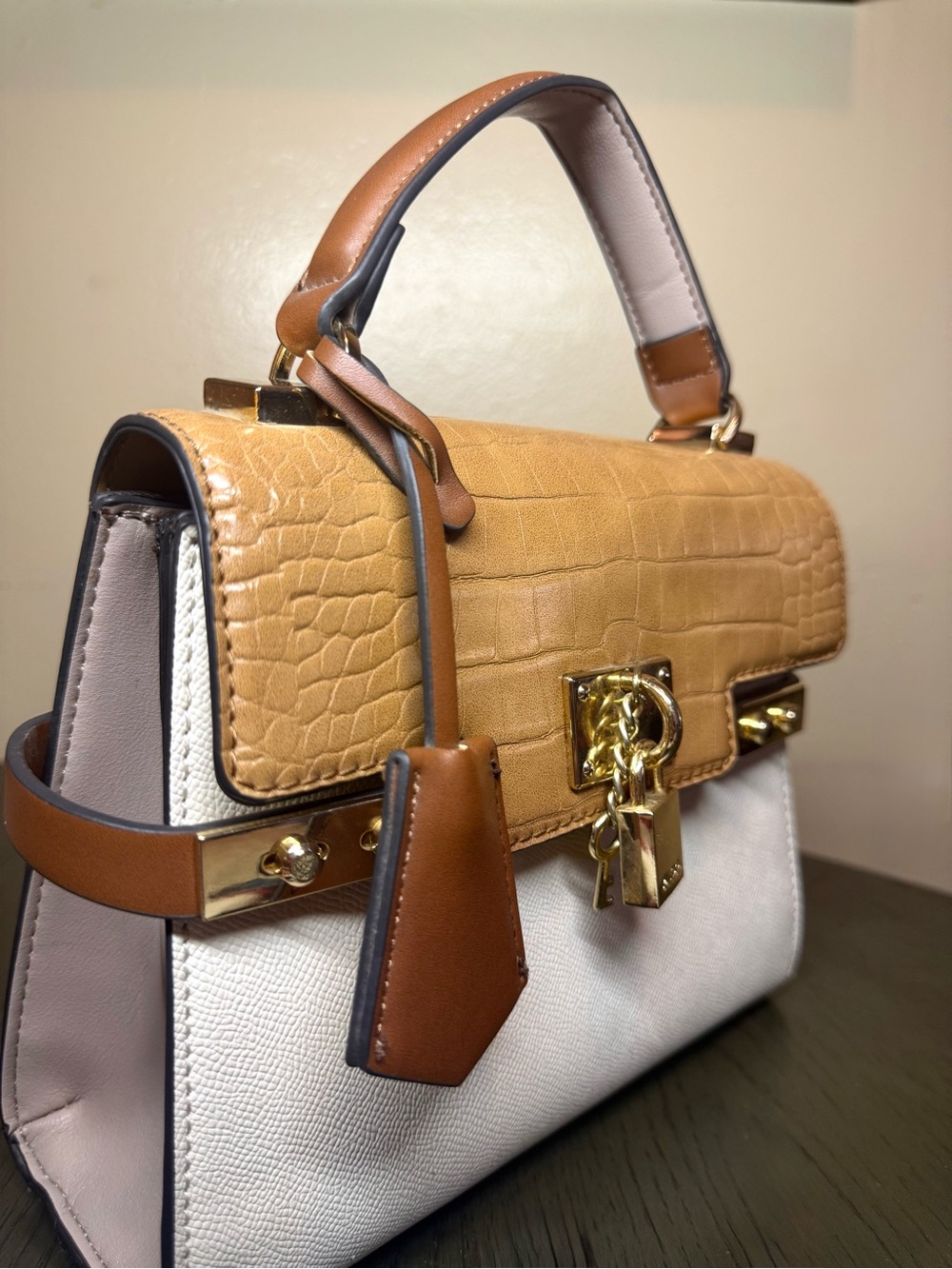 ALDO Colorblock Croc-Embossed Satchel Bag – Tan/Cream with Gold Hardware - Picture 7 of 9